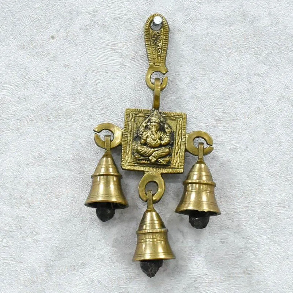 Antique Golden Brass 3 Bells Door/Wall Hanging with Lord Ganesha Carving