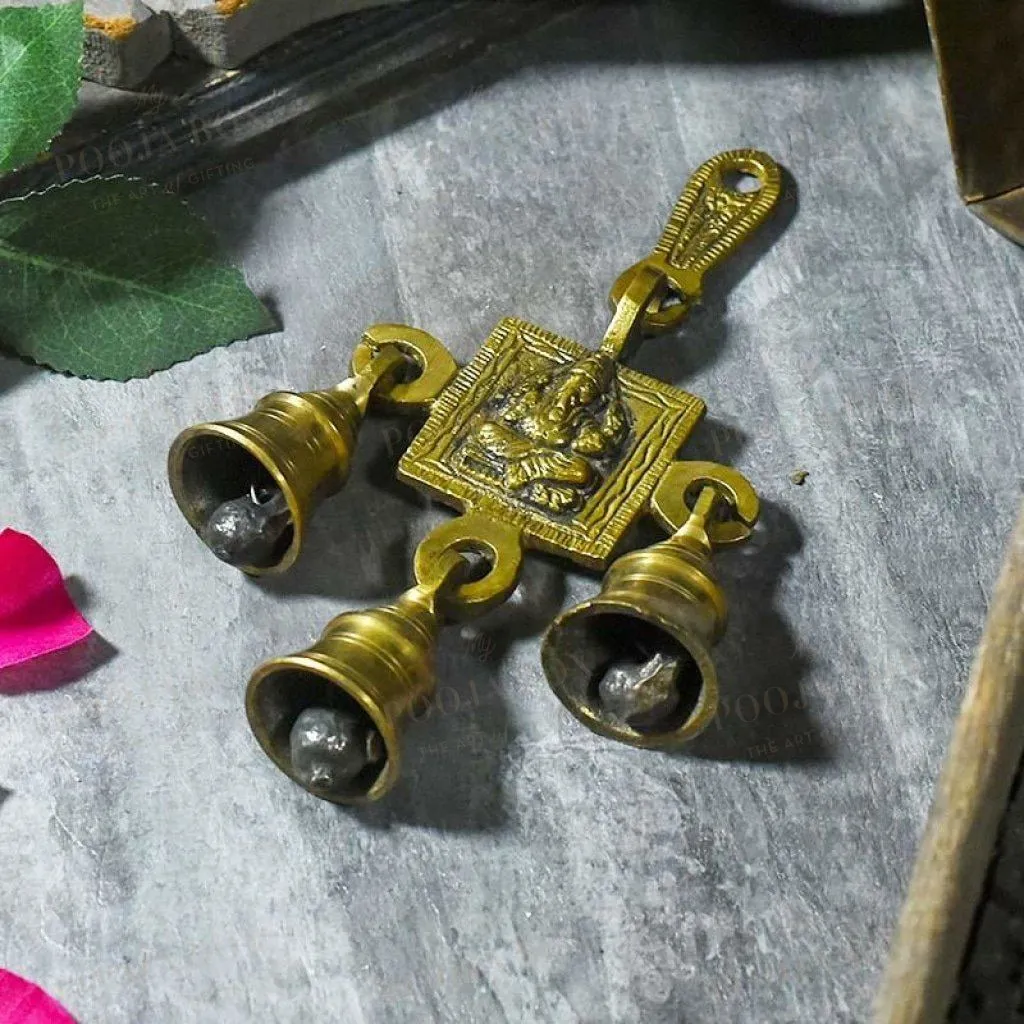 Antique Golden Brass 3 Bells Door/Wall Hanging with Lord Ganesha Carving