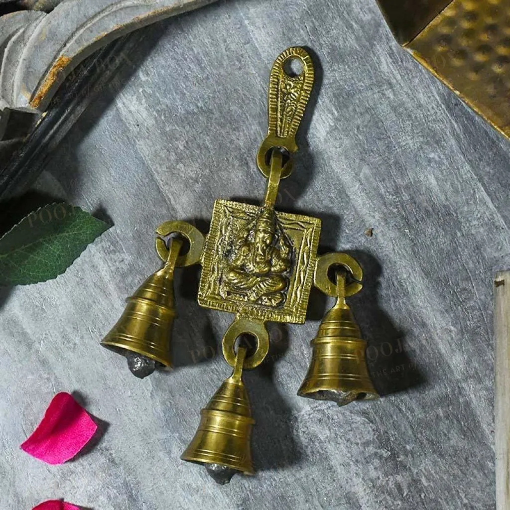 Antique Golden Brass 3 Bells Door/Wall Hanging with Lord Ganesha Carving