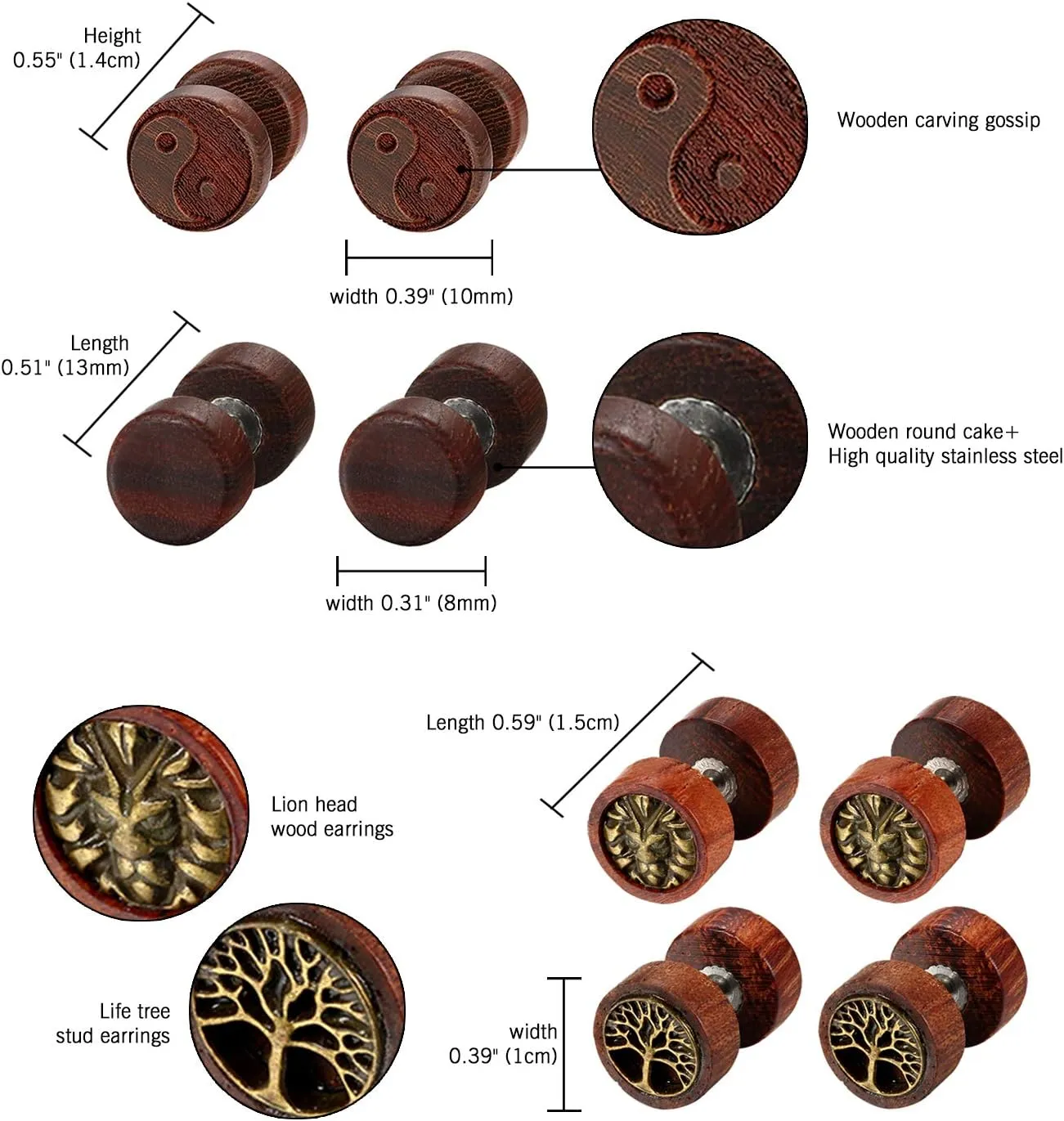 Aroncent Wood Fake Gauges Earrings: Tree of Life Wooden Earrings Cheater Fake Plugs Screw Stud Fake Earrings for Men Women