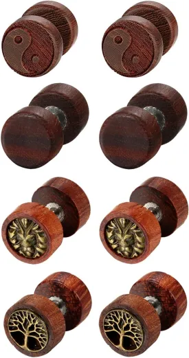 Aroncent Wood Fake Gauges Earrings: Tree of Life Wooden Earrings Cheater Fake Plugs Screw Stud Fake Earrings for Men Women