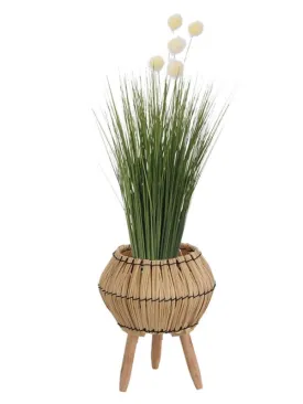 Artificial Grass in Natural Wooden Standing Basket