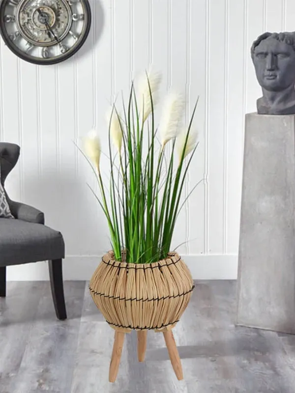 Artificial Grass in Natural Wooden Standing Basket