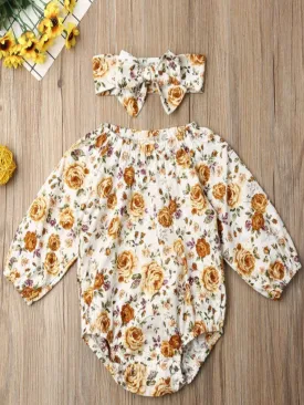 Baby Boho Chic Golden Rose Long Sleeve Onesie With Matching Headband