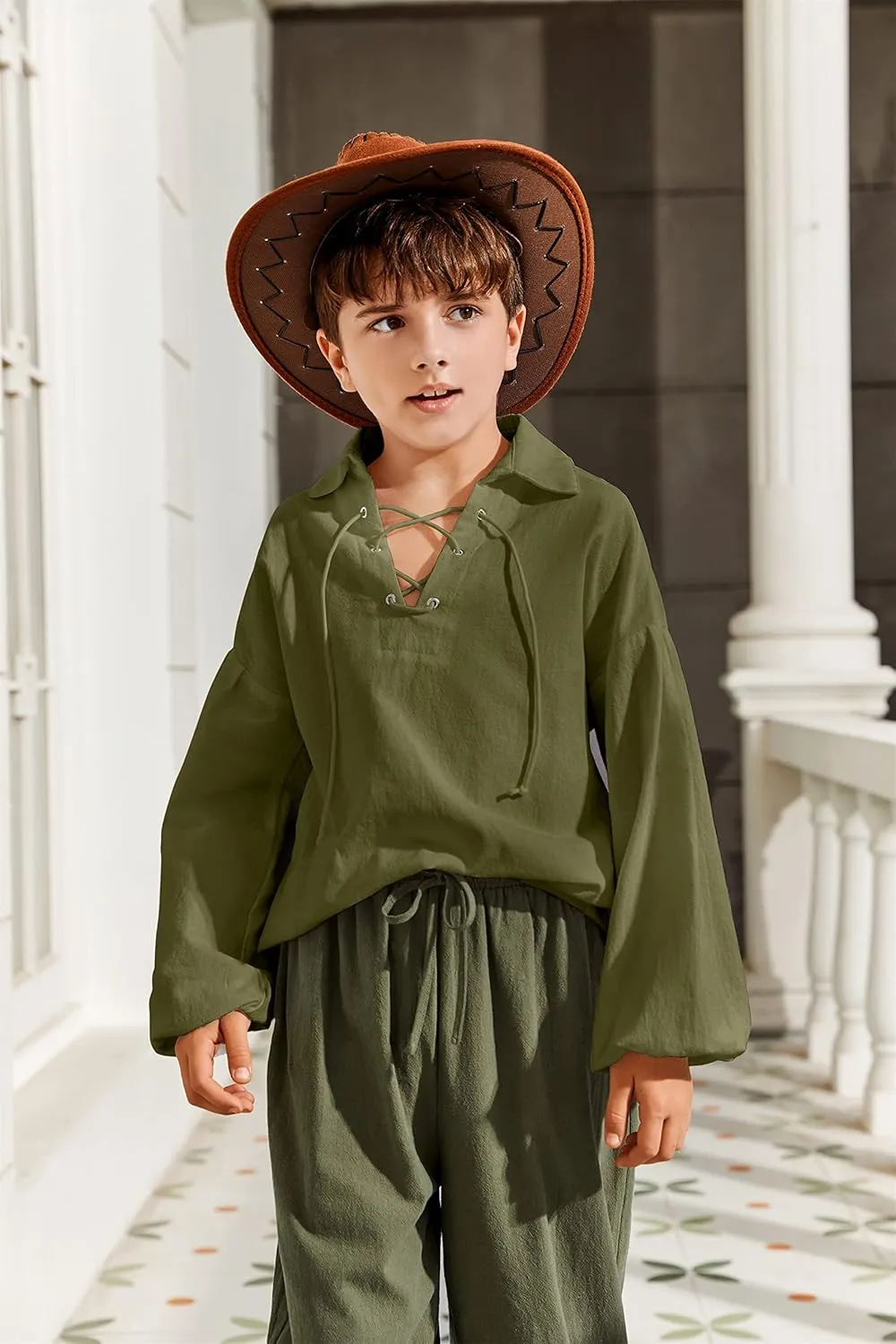 Bbalizko Boys Medieval Pirate Shirt Kids Renaissance Lace up Halloween Scottish Jacobite Ghillie Costume Tops