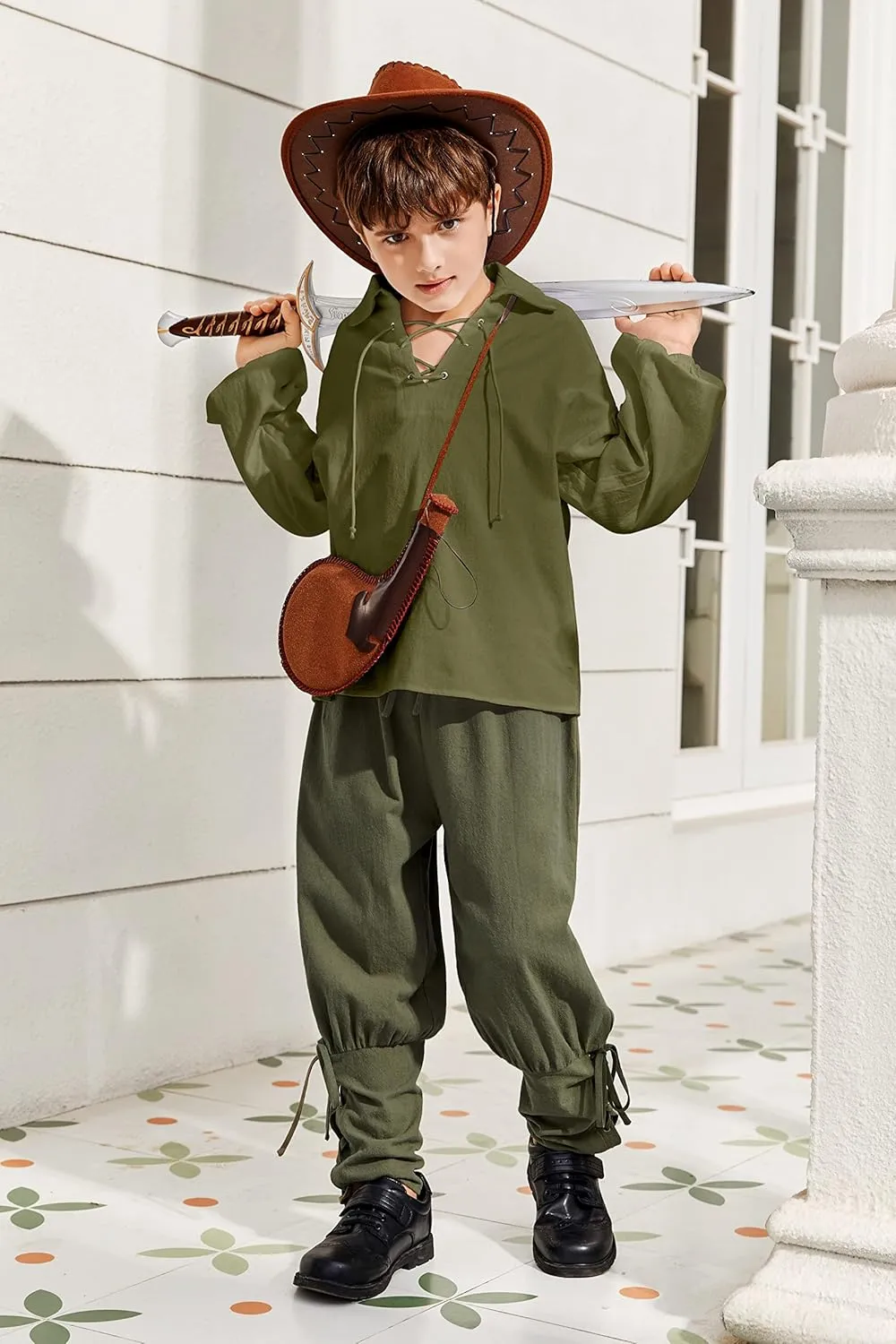 Bbalizko Boys Medieval Pirate Shirt Kids Renaissance Lace up Halloween Scottish Jacobite Ghillie Costume Tops