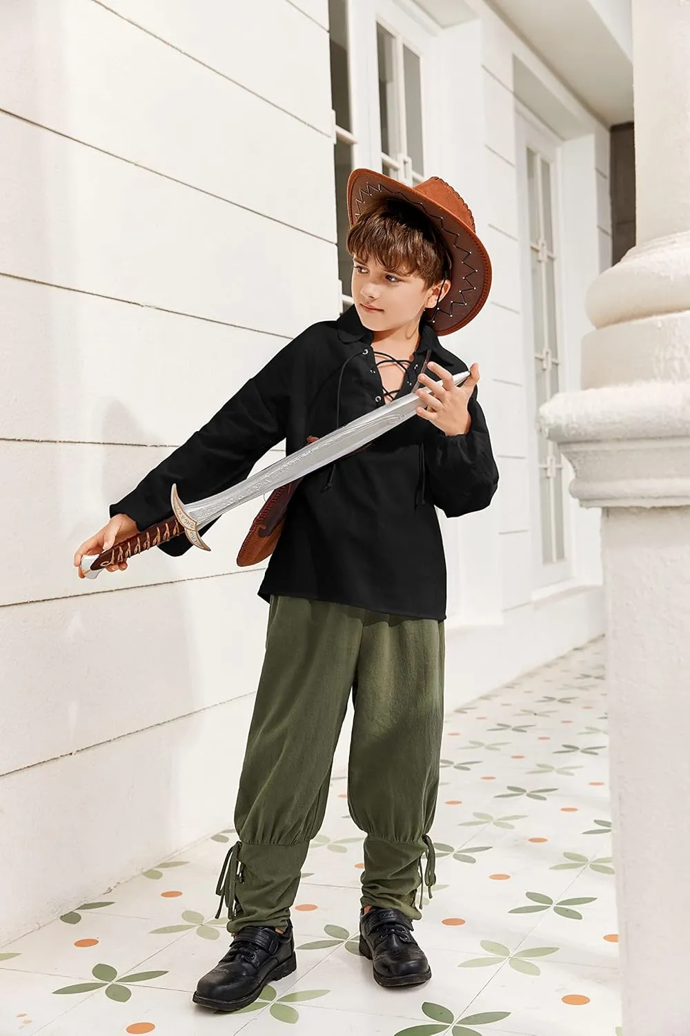 Bbalizko Boys Medieval Pirate Shirt Kids Renaissance Lace up Halloween Scottish Jacobite Ghillie Costume Tops