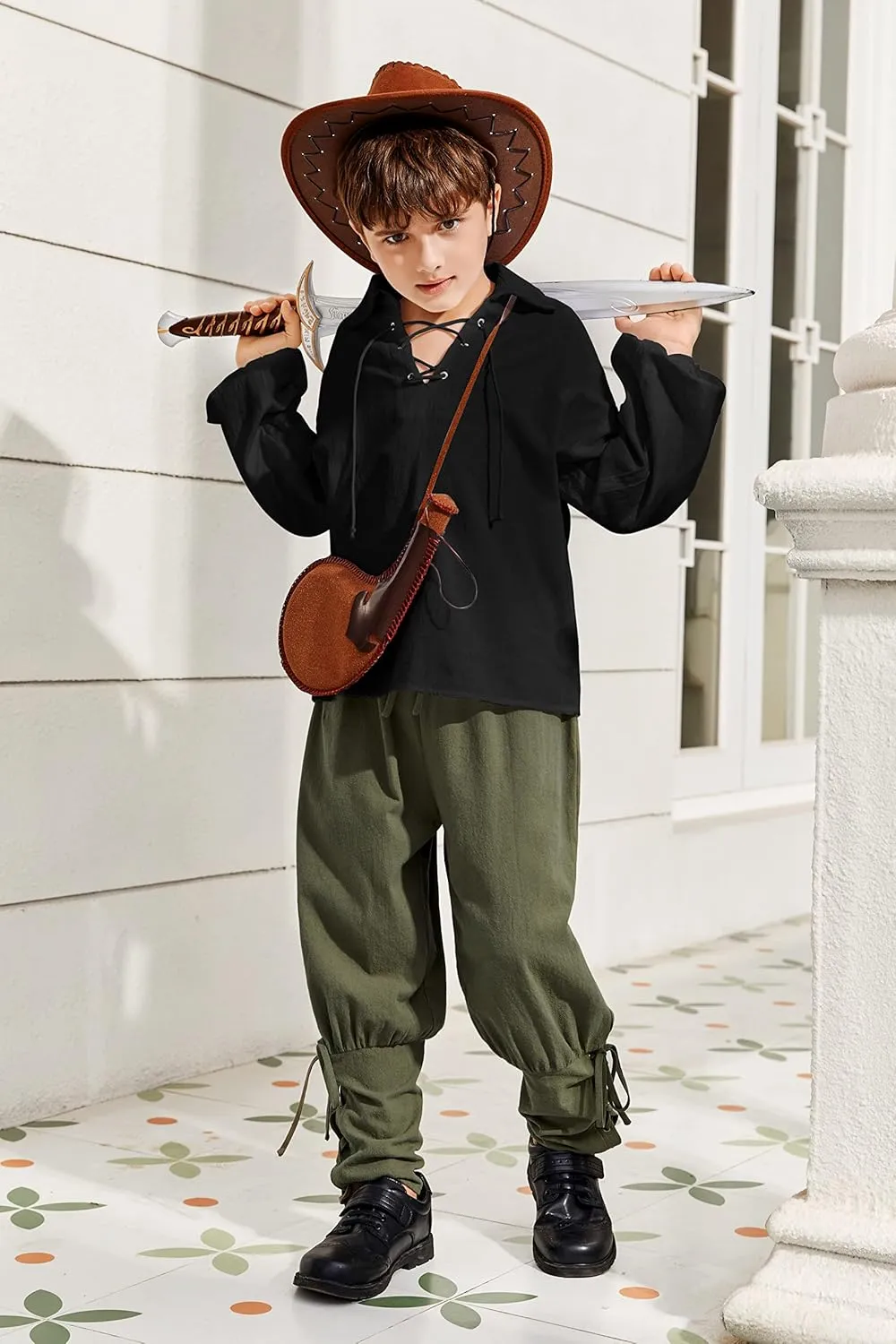 Bbalizko Boys Medieval Pirate Shirt Kids Renaissance Lace up Halloween Scottish Jacobite Ghillie Costume Tops
