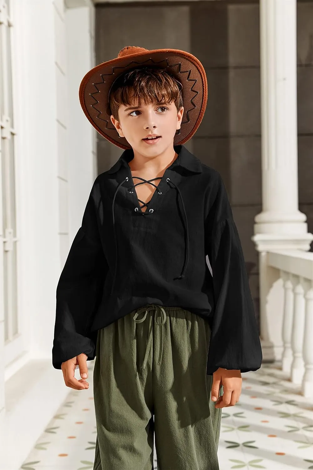 Bbalizko Boys Medieval Pirate Shirt Kids Renaissance Lace up Halloween Scottish Jacobite Ghillie Costume Tops