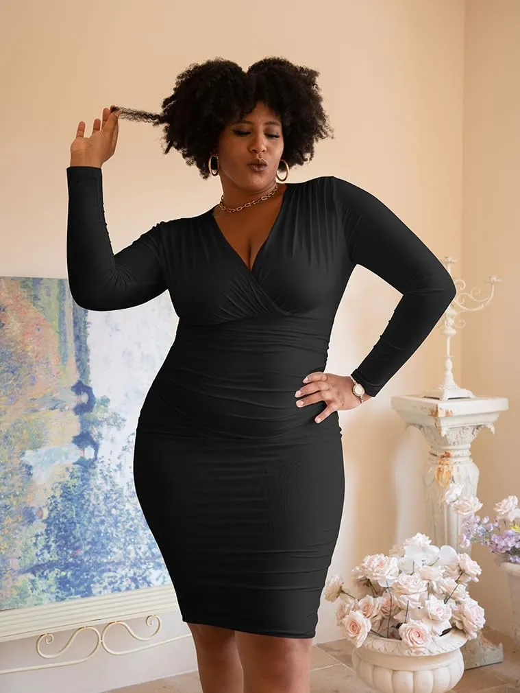 BEAGIMEG Women's Sexy Bodycon Long Sleeve Ruched Deep V Neck Solid Party Club Midi Dress