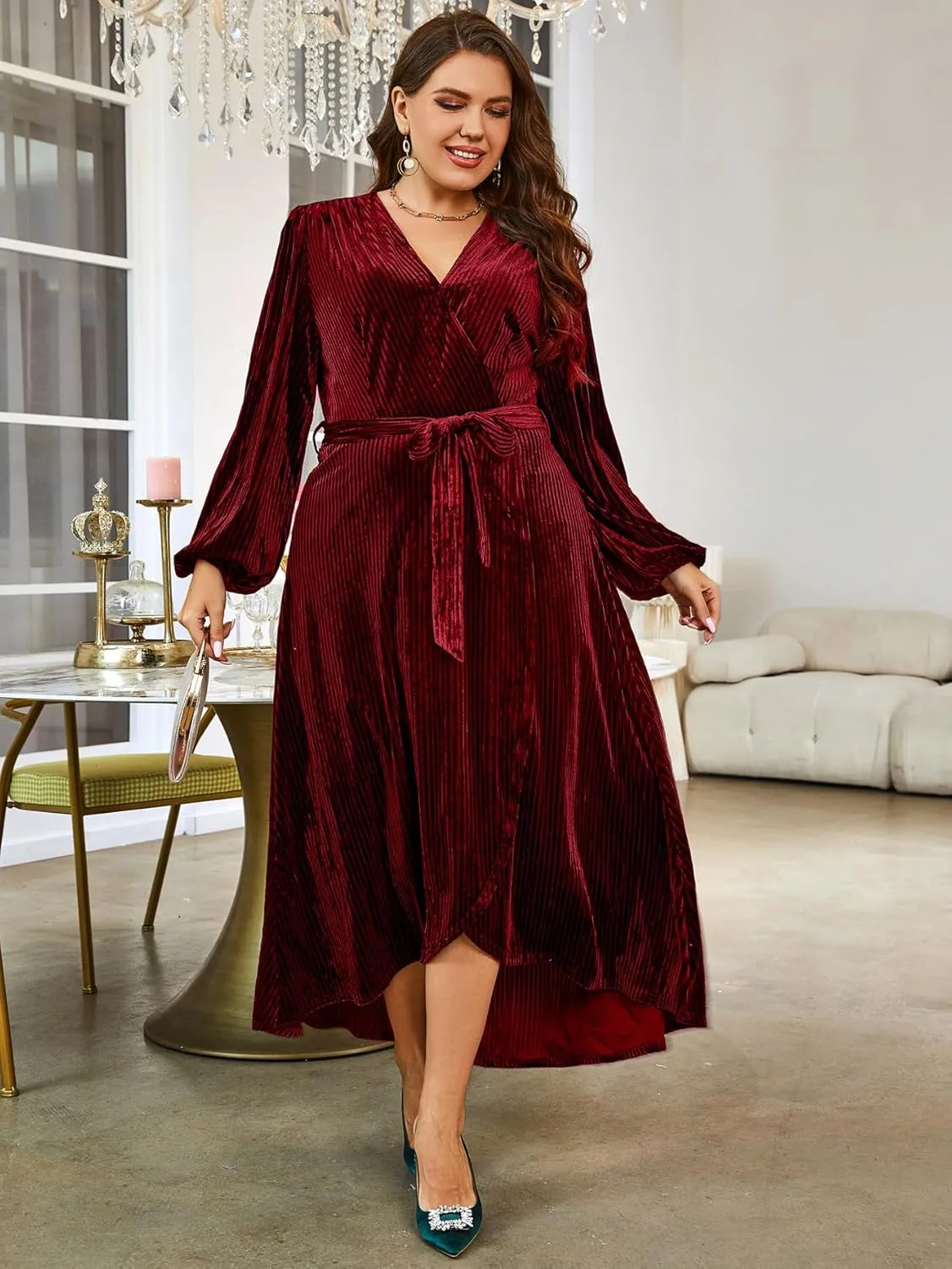 BerryGo Women's Velvet V Neck Wrap Semi Formal Dress Cocktail Party Maxi Dress for Wedding Guest