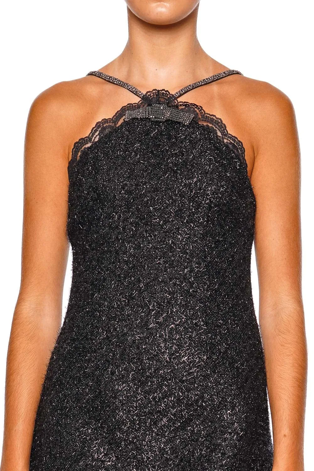 Black Tinsel Boucle Halter Mini Dress
