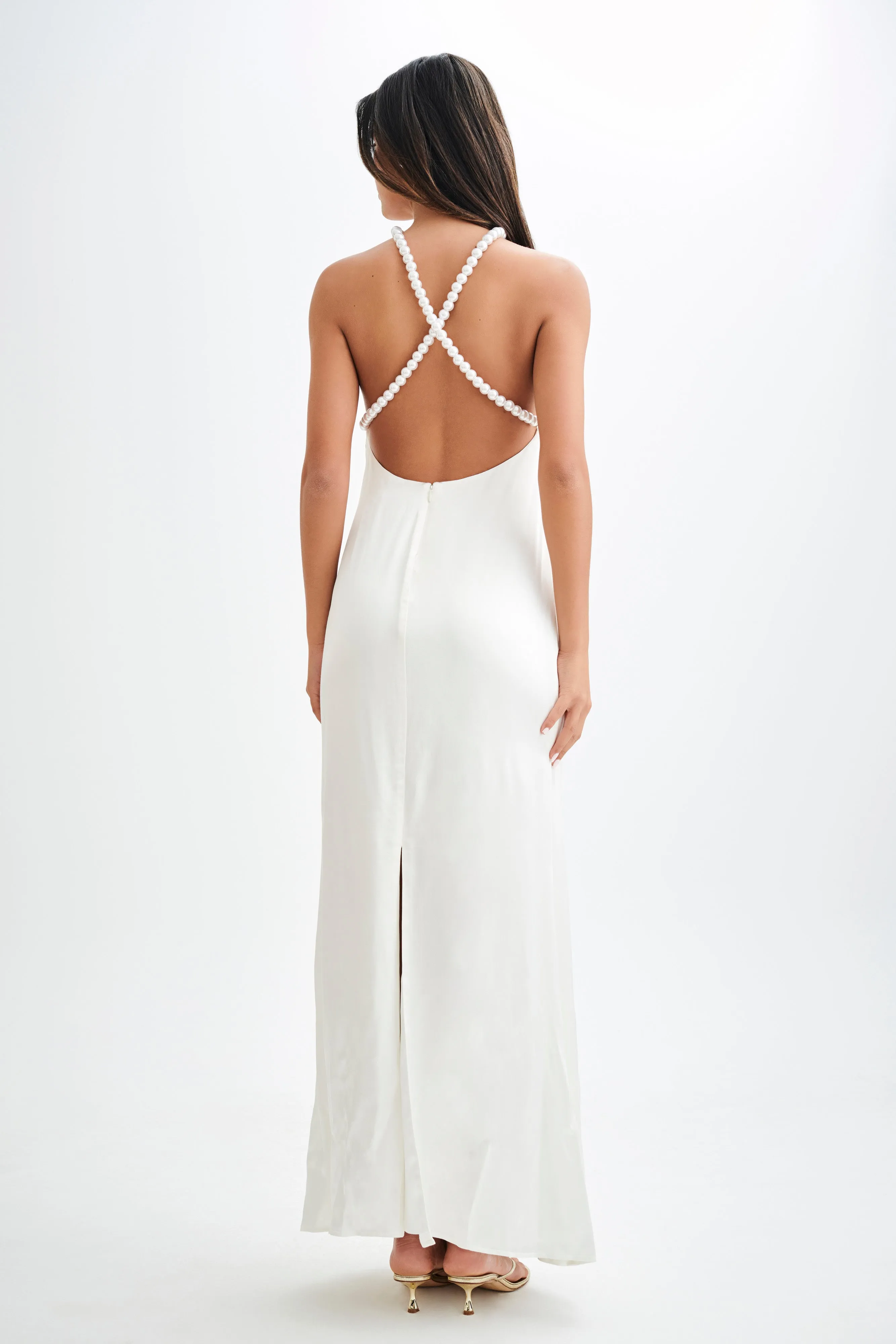 Elegant White Satin Pearl Halter Maxi Dress