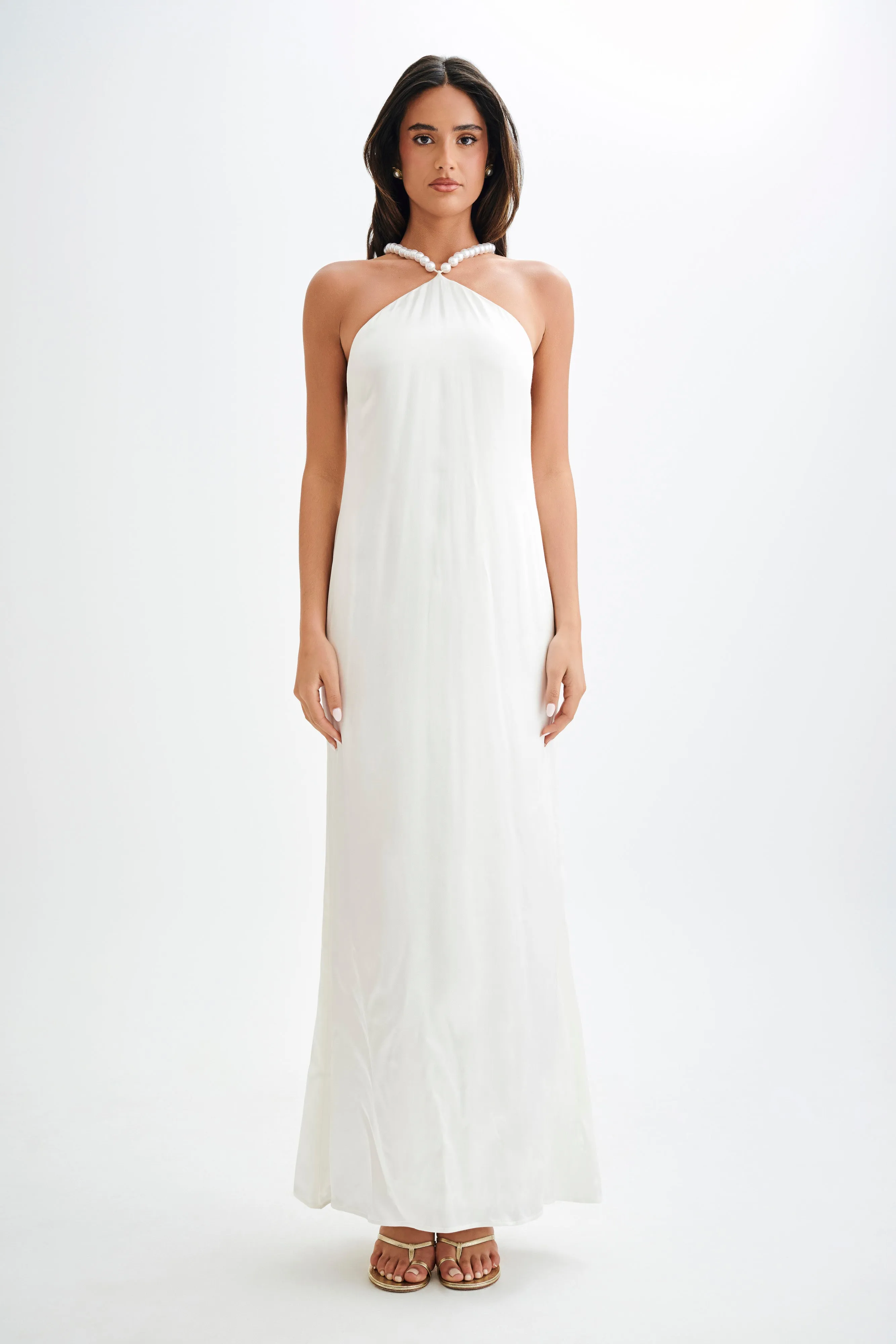 Elegant White Satin Pearl Halter Maxi Dress
