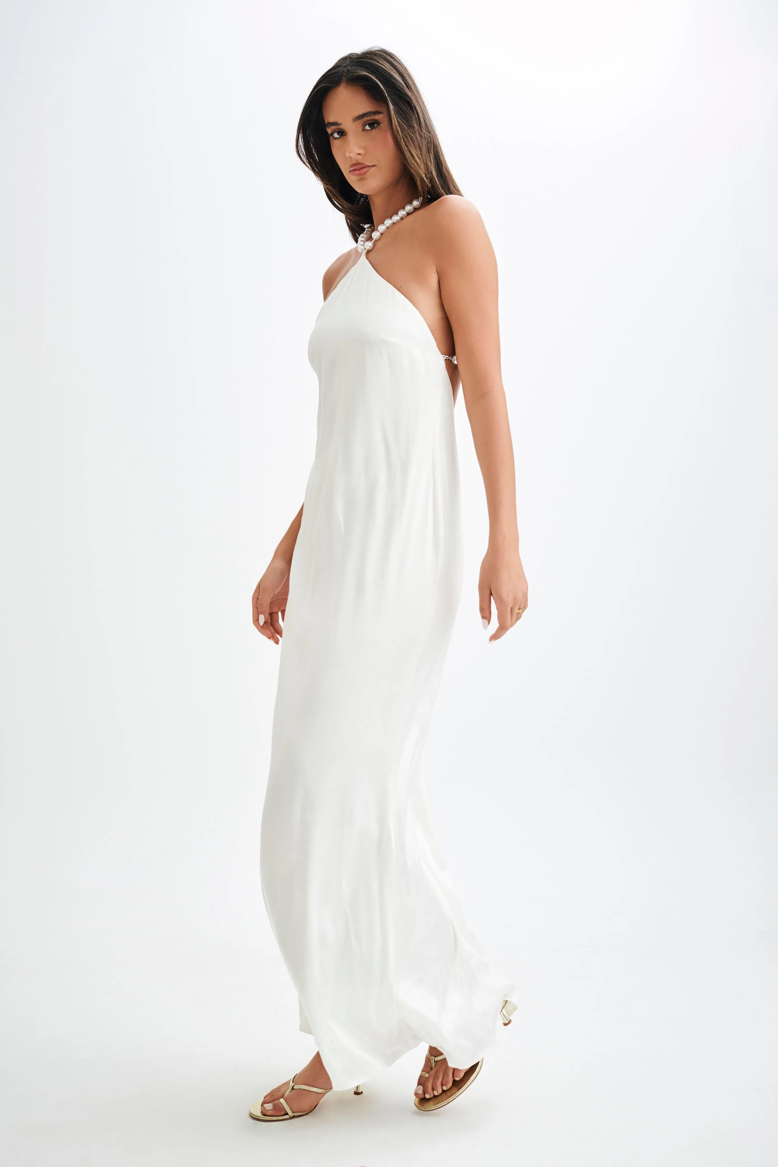 Elegant White Satin Pearl Halter Maxi Dress