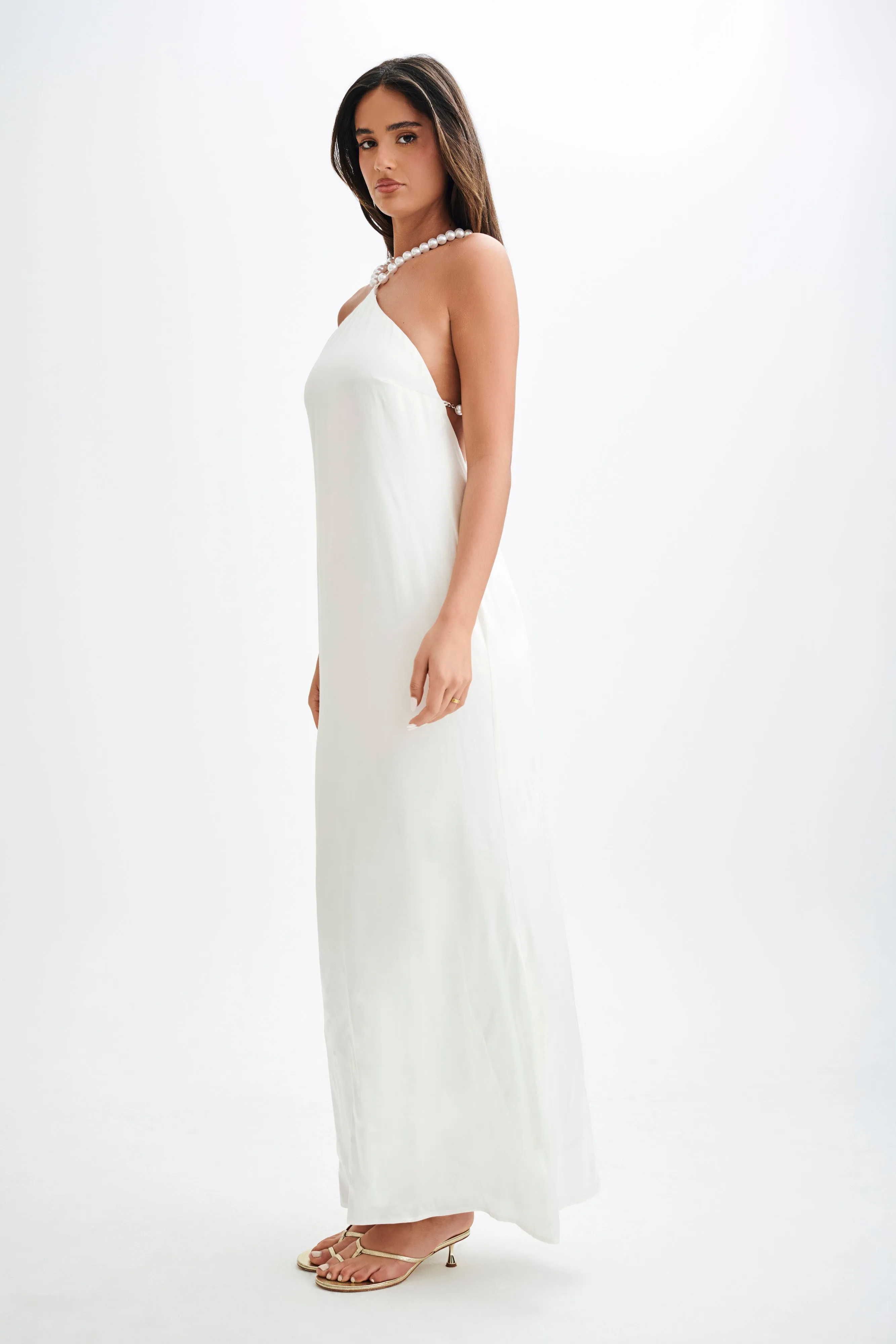 Elegant White Satin Pearl Halter Maxi Dress