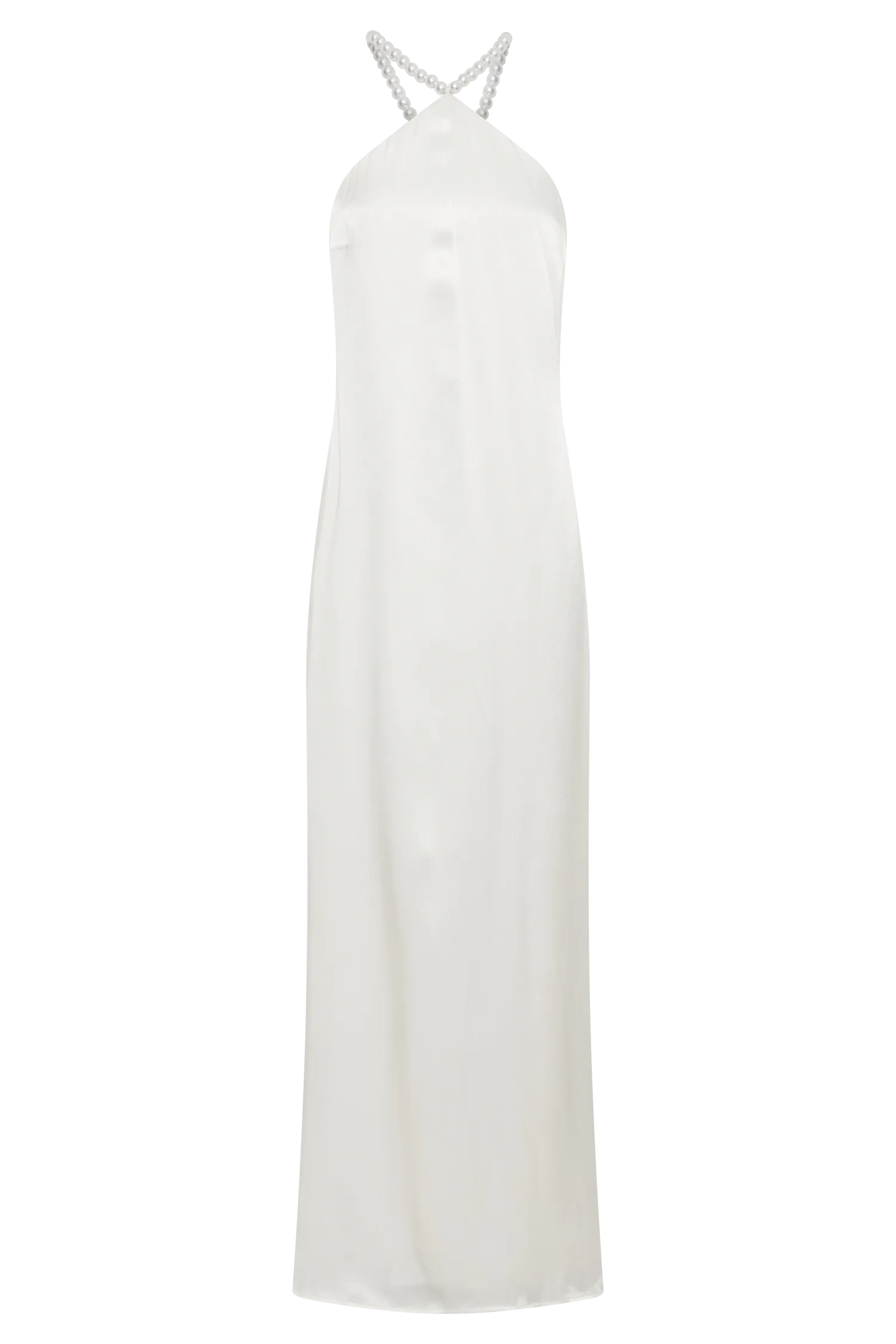 Elegant White Satin Pearl Halter Maxi Dress