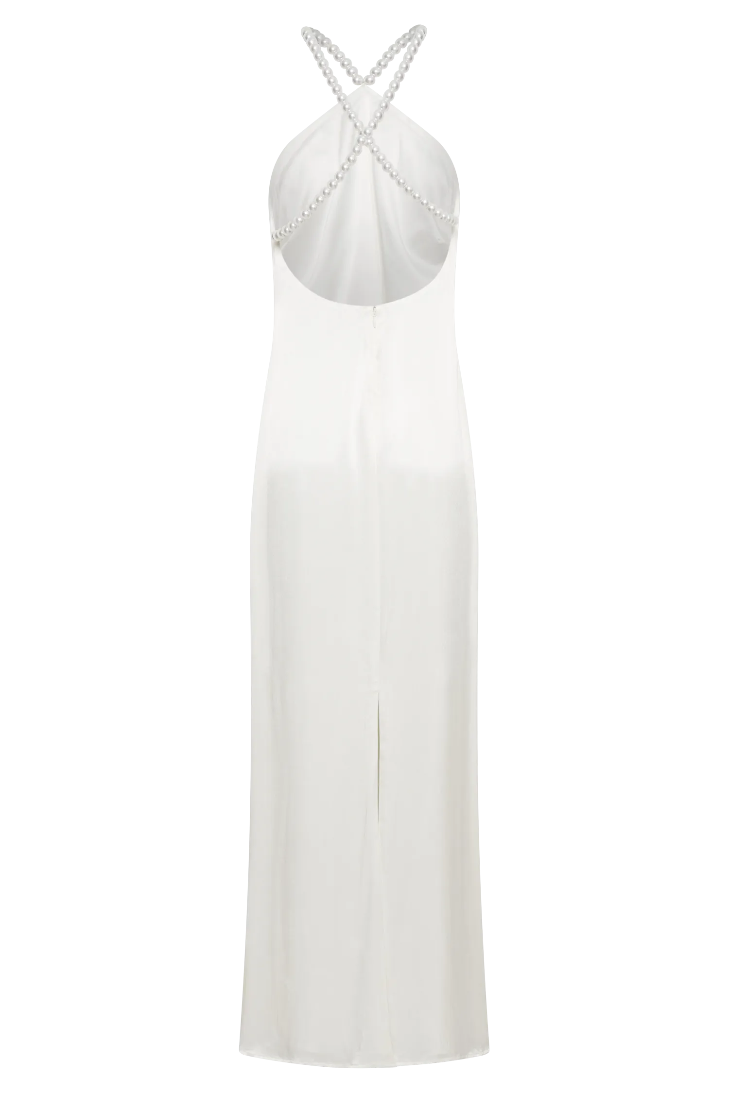 Elegant White Satin Pearl Halter Maxi Dress
