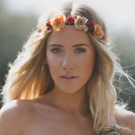 Bohemian Flower Crown Peach Burgundy Ivory Roses Floral Hair Wreath Hippie Gypsy