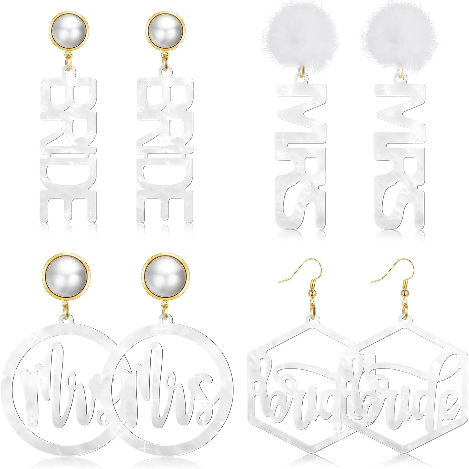 Bonuci 4 Pairs Bride and Mrs Earrings Set Mrs Bride Letter Dangle Earring Acrylic Wedding Earrings for Brides Handmade Bridal Fun Statement Jewelry for Women Bridesmaid Party Gift Accessories