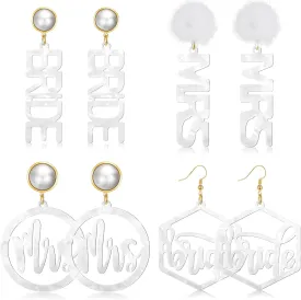 Bonuci 4 Pairs Bride and Mrs Earrings Set Mrs Bride Letter Dangle Earring Acrylic Wedding Earrings for Brides Handmade Bridal Fun Statement Jewelry for Women Bridesmaid Party Gift Accessories