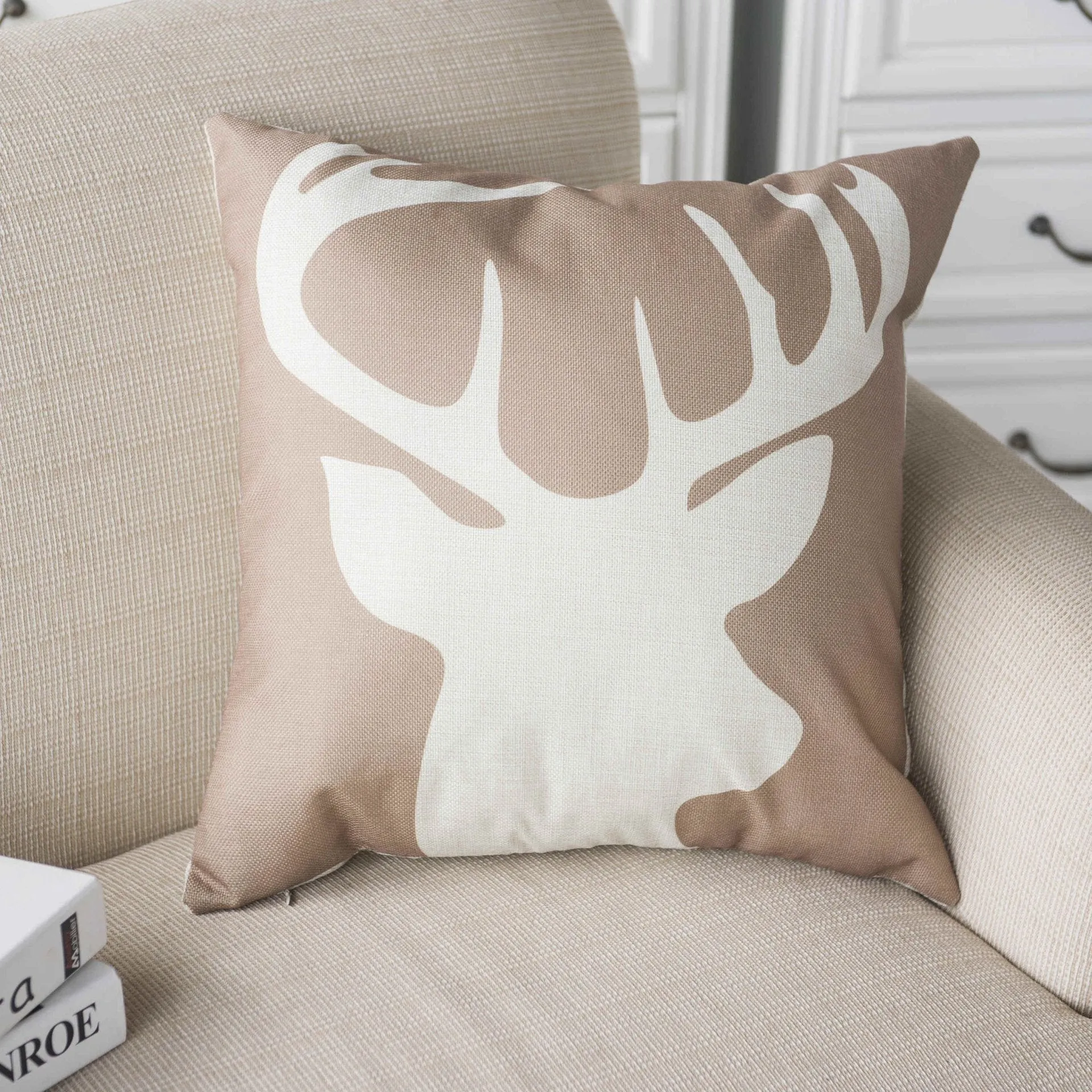 Burlap Reindeer Print Pillow Cover