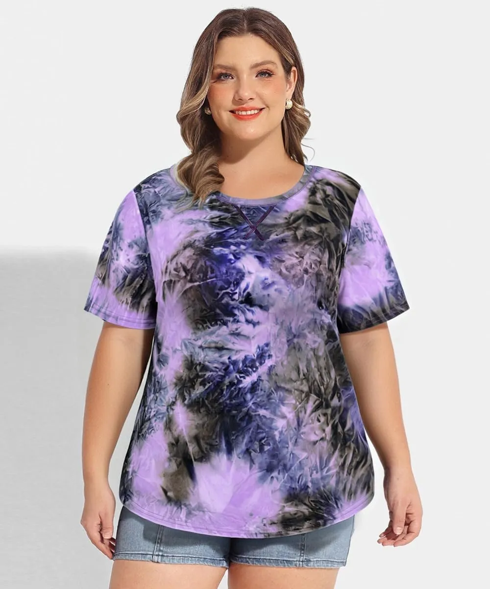 CARCOS Plus Size Tops for Women Short Sleeve Shirt Summer Star/Leopard/Tie Dye/Flower Crewneck Pullover Tunic XL-5XL