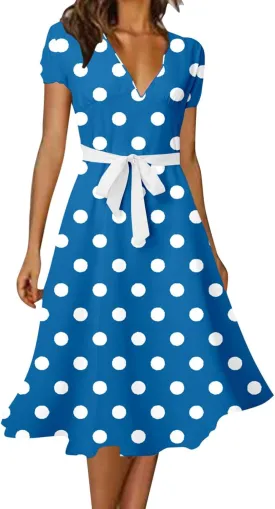 Casual Summer Dresses for Women Polka Dot Print V Neck Short Sleeve Ruffle Flowy Boho Floral Dress Midi Length