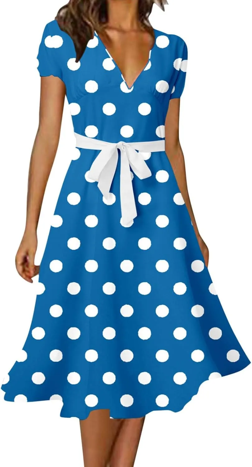Casual Summer Dresses for Women Polka Dot Print V Neck Short Sleeve Ruffle Flowy Boho Floral Dress Midi Length
