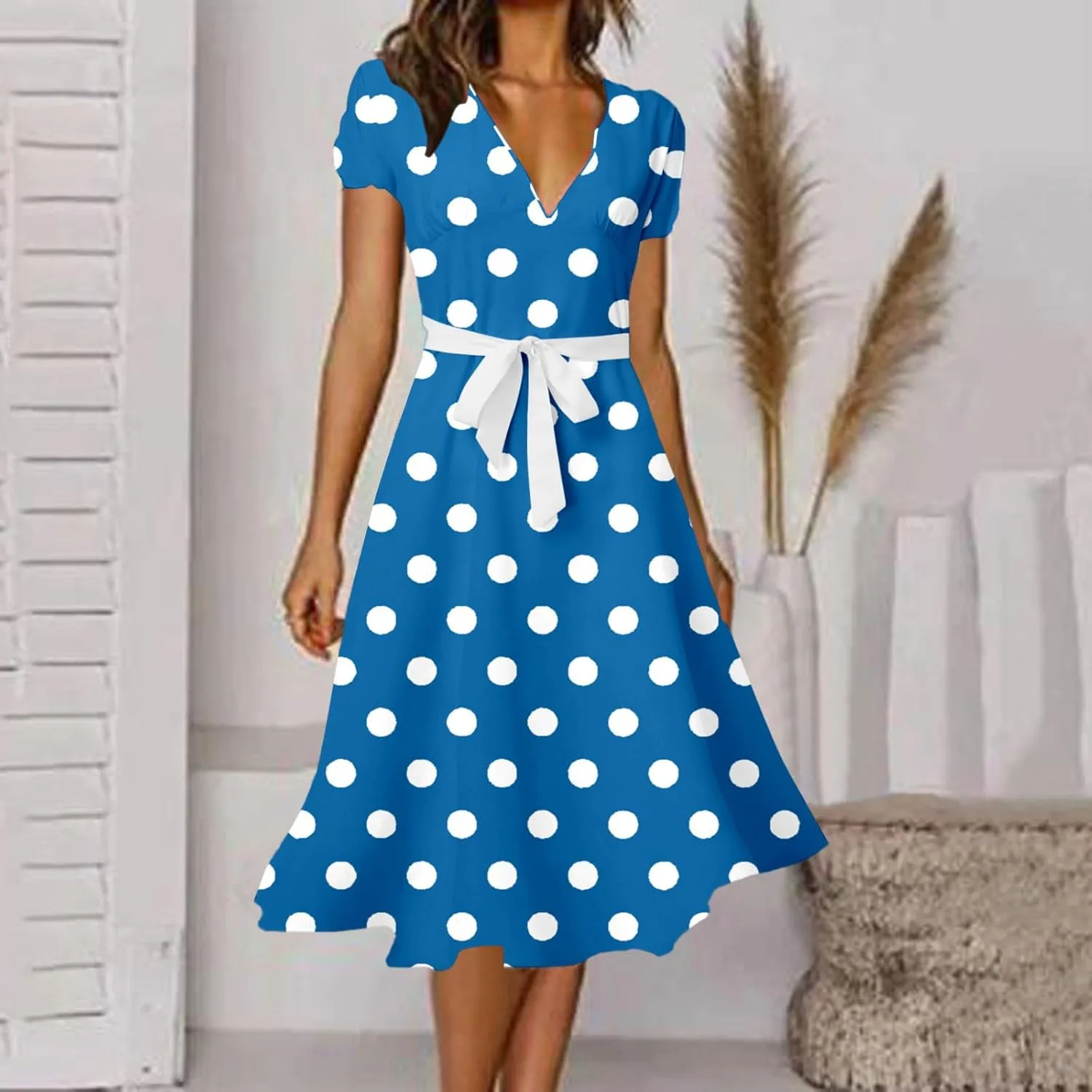 Casual Summer Dresses for Women Polka Dot Print V Neck Short Sleeve Ruffle Flowy Boho Floral Dress Midi Length