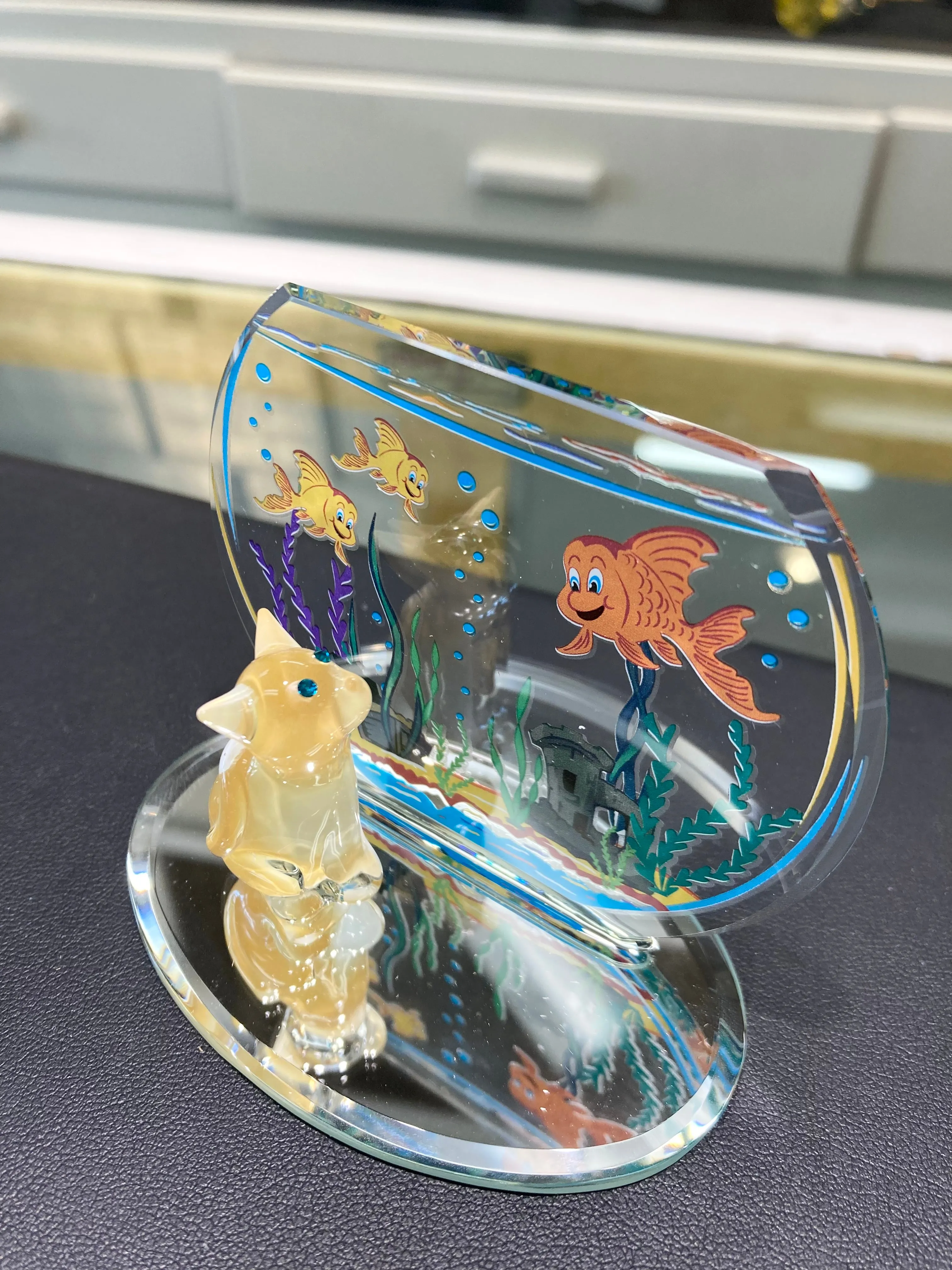 Cat And Fishbowl Glass Figurine