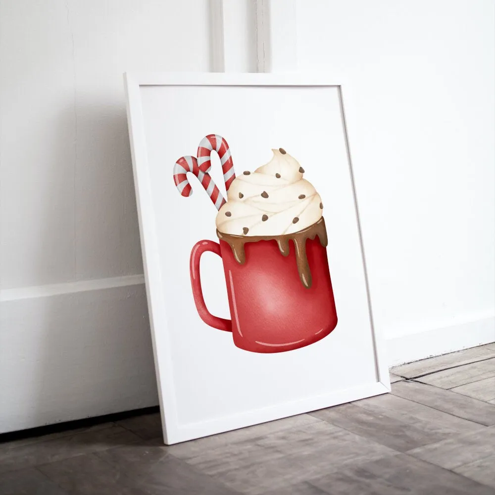 Christmas Hot Cocoa Mug Digital Print, Winter Illustration Print, Watercolor Hot Chocolate Decor, Hygge Print, Merry Christmas Candy Cane