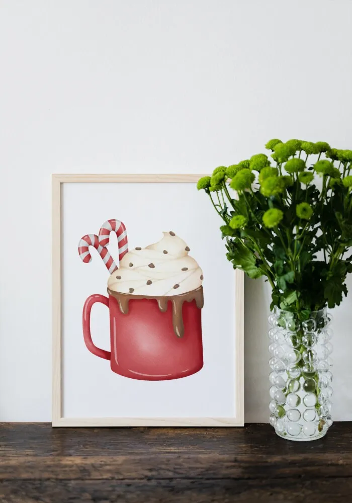 Christmas Hot Cocoa Mug Digital Print, Winter Illustration Print, Watercolor Hot Chocolate Decor, Hygge Print, Merry Christmas Candy Cane