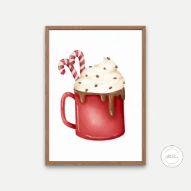 Christmas Hot Cocoa Mug Digital Print, Winter Illustration Print, Watercolor Hot Chocolate Decor, Hygge Print, Merry Christmas Candy Cane