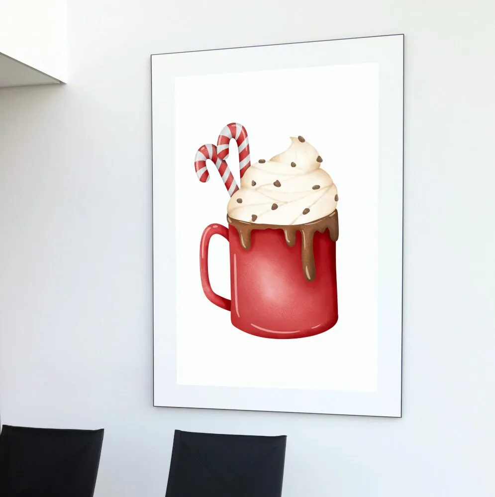 Christmas Hot Cocoa Mug Digital Print, Winter Illustration Print, Watercolor Hot Chocolate Decor, Hygge Print, Merry Christmas Candy Cane