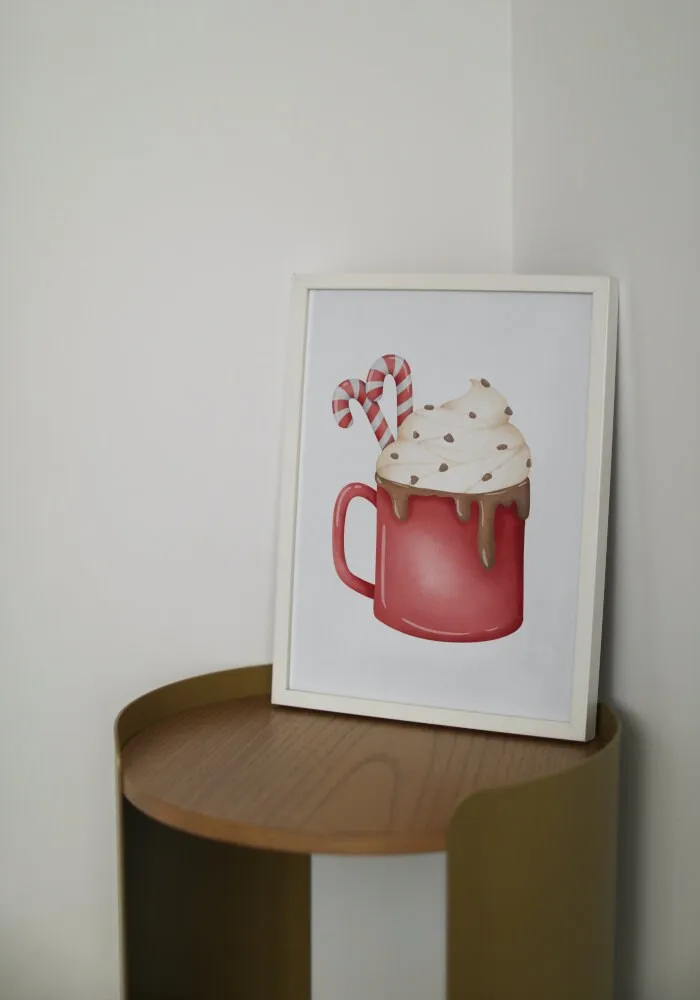 Christmas Hot Cocoa Mug Digital Print, Winter Illustration Print, Watercolor Hot Chocolate Decor, Hygge Print, Merry Christmas Candy Cane