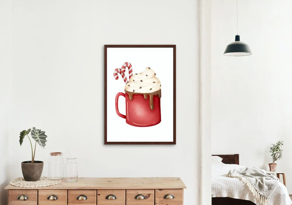 Christmas Hot Cocoa Mug Digital Print, Winter Illustration Print, Watercolor Hot Chocolate Decor, Hygge Print, Merry Christmas Candy Cane