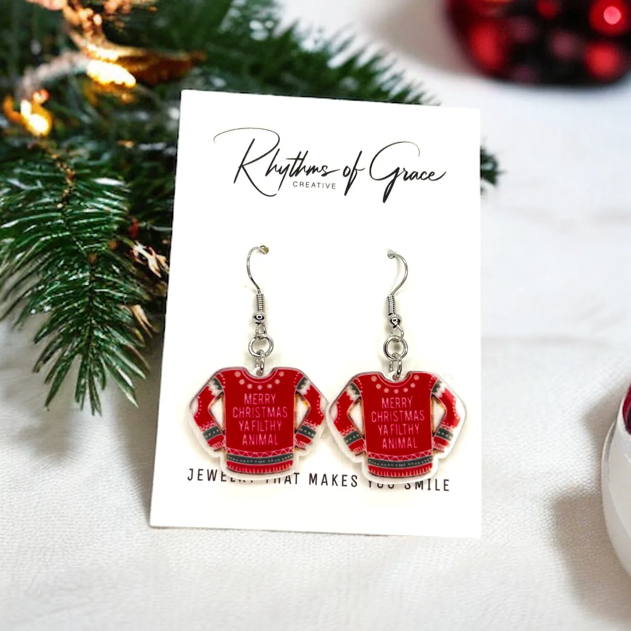Christmas Sweater Earrings - Christmas Earrings, Merry Christmas Ya Filthy Animal, Christmas Jewelry, Handmade Earrings, Ugly Christmas Sweater