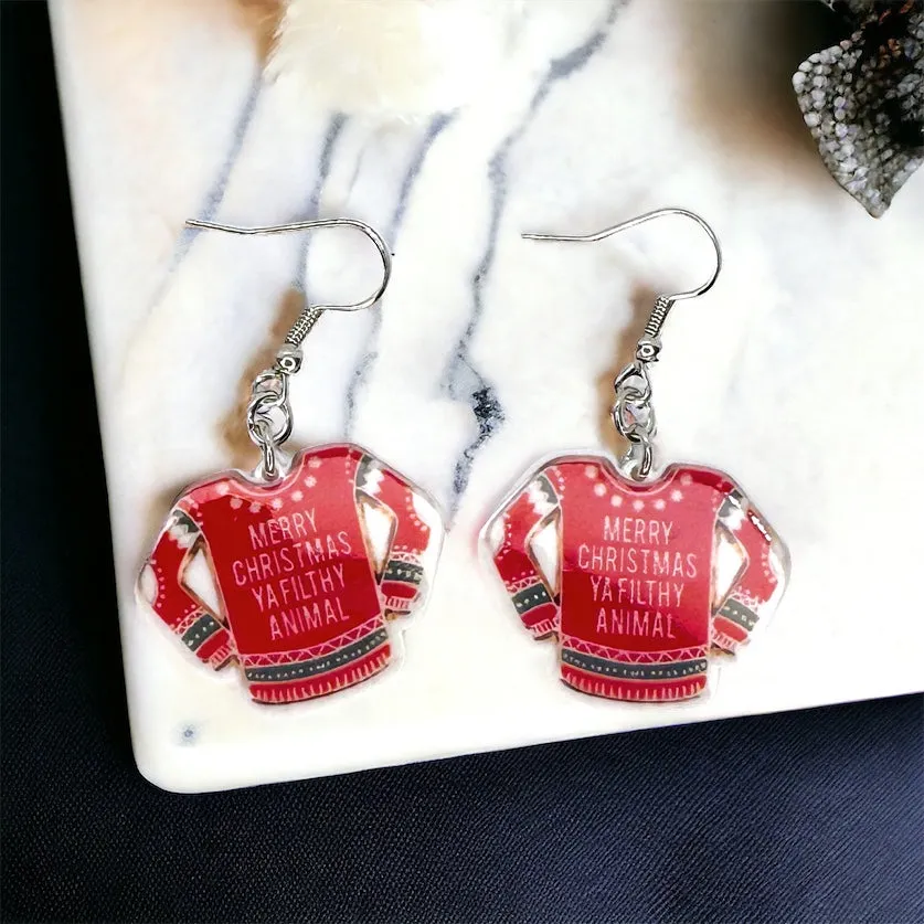 Christmas Sweater Earrings - Christmas Earrings, Merry Christmas Ya Filthy Animal, Christmas Jewelry, Handmade Earrings, Ugly Christmas Sweater