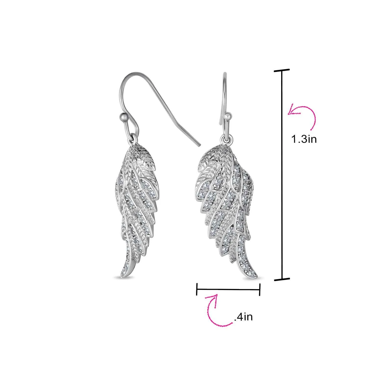 Cubic Zirconia CZ Angel Wing Feather Dangle Earrings Sterling Silver