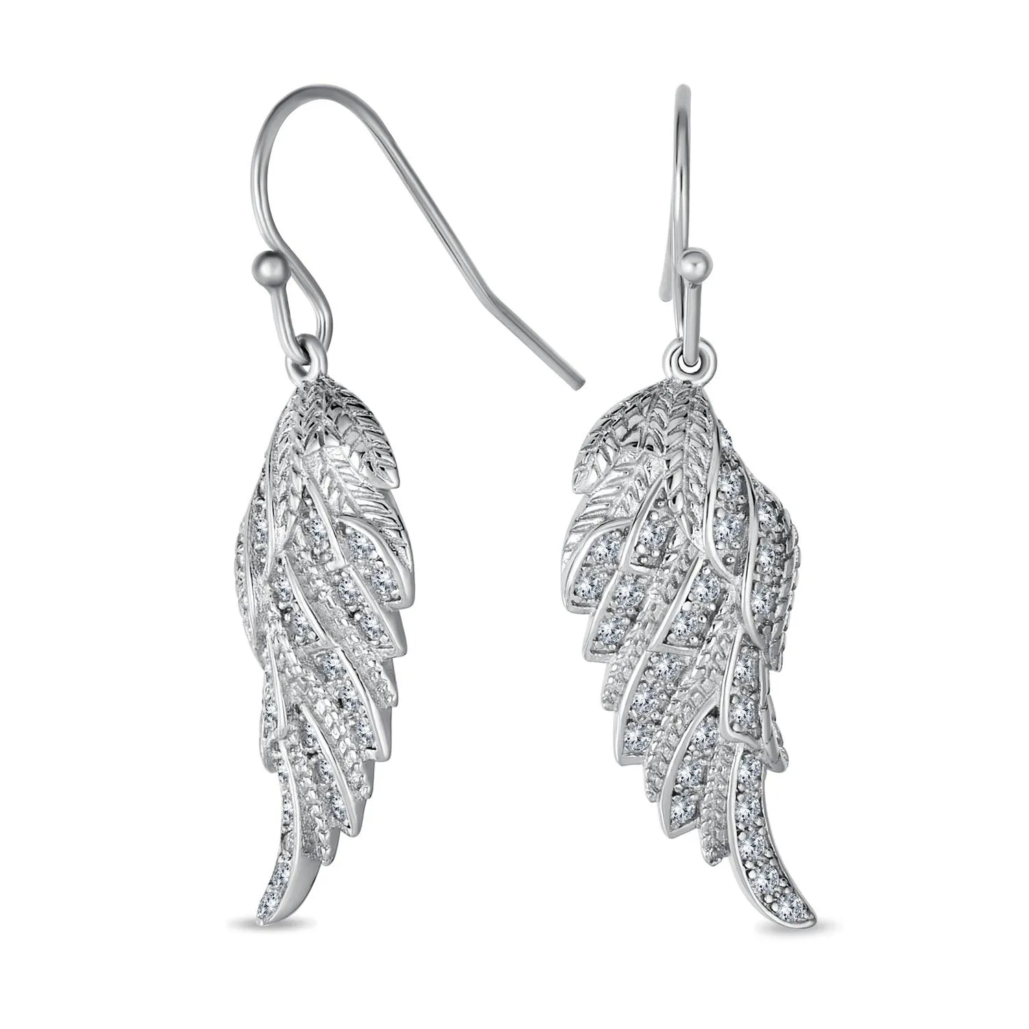 Cubic Zirconia CZ Angel Wing Feather Dangle Earrings Sterling Silver