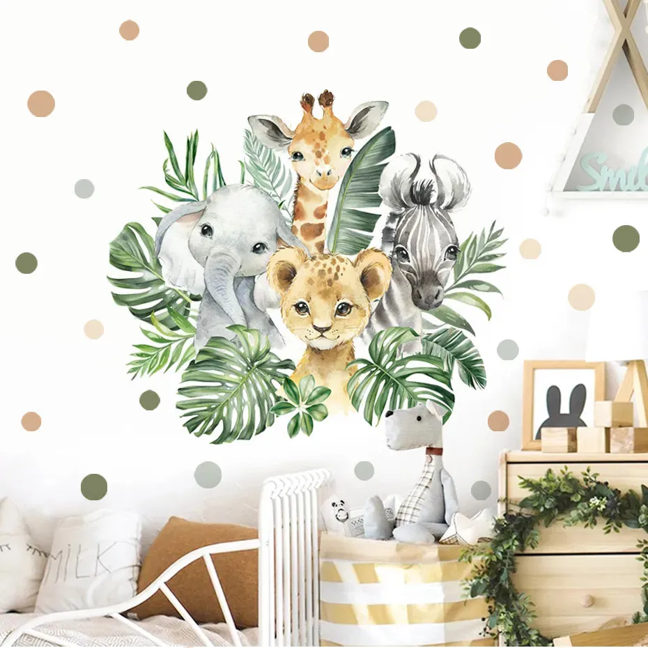 Cute Elephant Tiger Giraffe Jungle Animals Nursery Wall Decals Removable Peel & Stick PVC Wall Stickers For Children's Room Creative DIY Decor