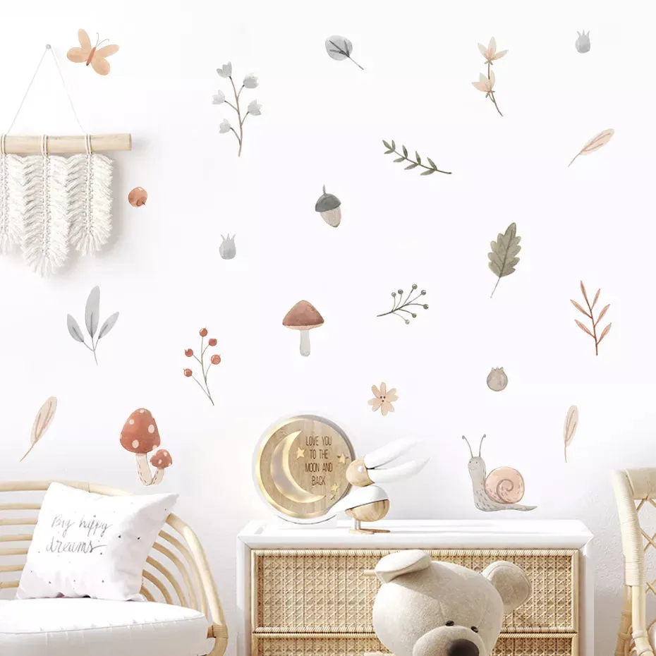 Cute Wild Woodland Snail Mushroom Acorn Leaves Wall Stickers For Baby's Room Removable Creative DIY Decor Peel & Stick Vinyl Wall Decals