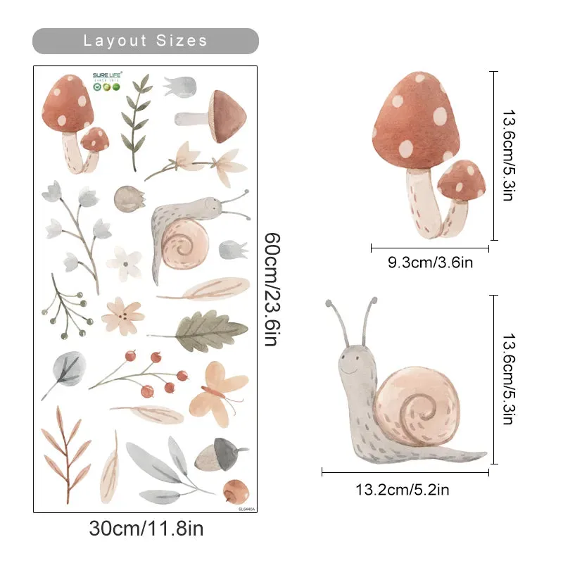Cute Wild Woodland Snail Mushroom Acorn Leaves Wall Stickers For Baby's Room Removable Creative DIY Decor Peel & Stick Vinyl Wall Decals