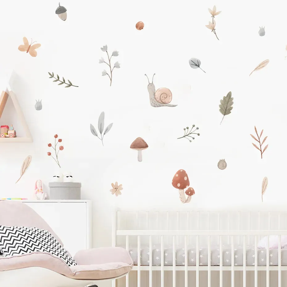 Cute Wild Woodland Snail Mushroom Acorn Leaves Wall Stickers For Baby's Room Removable Creative DIY Decor Peel & Stick Vinyl Wall Decals