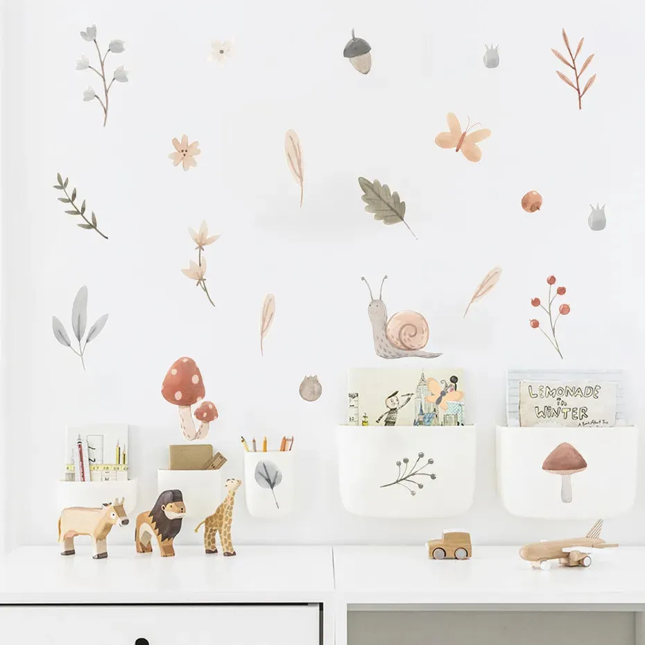 Cute Wild Woodland Snail Mushroom Acorn Leaves Wall Stickers For Baby's Room Removable Creative DIY Decor Peel & Stick Vinyl Wall Decals