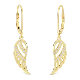 CZ Angel Wing Leverback Earrings in 18k Gold over Sterling Silver