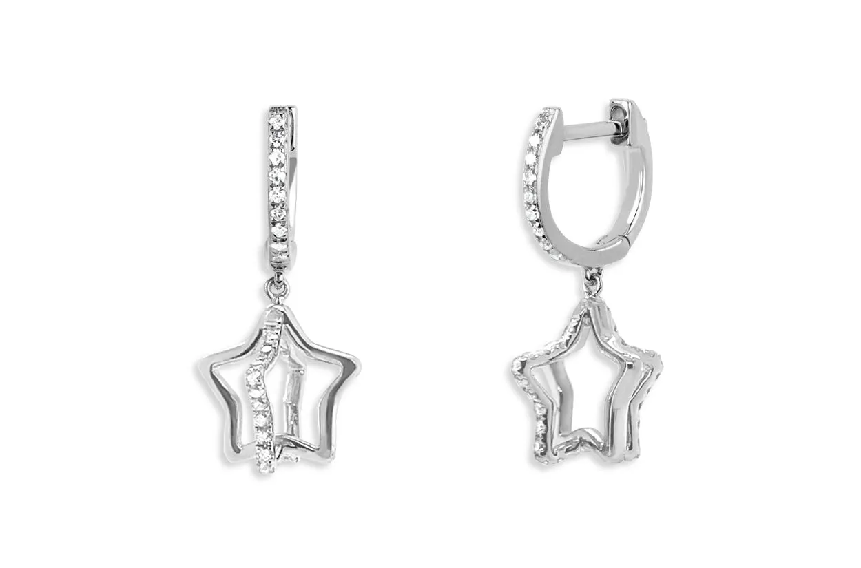 Earrings 14kt Double Hanging Stars Huggies & Diamonds