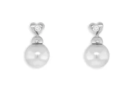 Earrings 18kt Gold Round Grey Pearls & Center Diamonds Hearts Studs