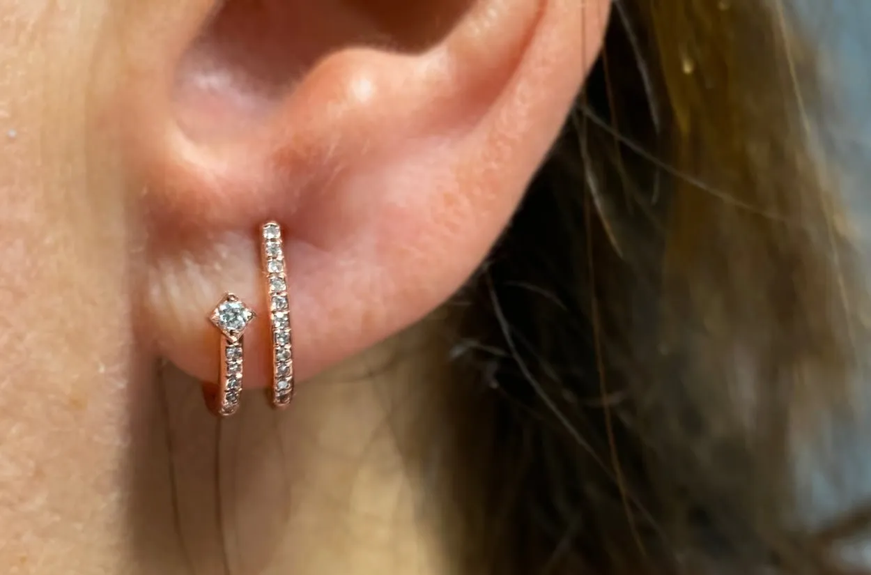 Earrings Double Semi Huggies 14kt Rose Gold & Diamonds